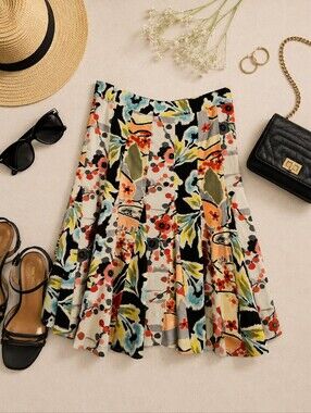 WD.NY 100% Linen Colorful Abstract Floral Cottagecore pleated Skirt. Ladies 6